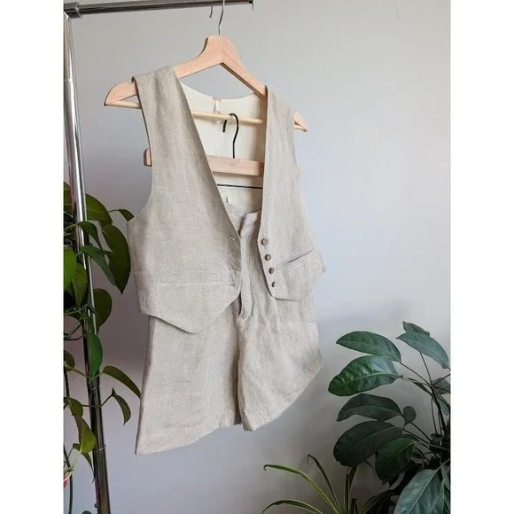 Free People 100% Linen Set 0 Shorts Vest Beige V Neck boho Malia - Picture 9 of 10